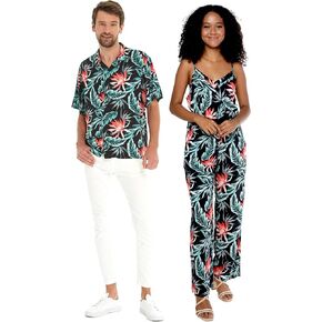 Matchable Couple Hawaiian Luau Shirt or V-Neck Jumpsuit with Pockets in Blooming Lily
