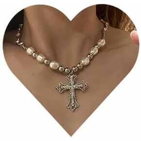 Girlssory Y2k Pearl Cross Necklace Rhinestone Cross Long Pendant Necklace Pearl Beaded Choker Necklace Silver for Women Teens and Girls