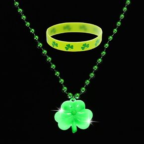 St Patricks Day Decorations Light Up Necklace Green Beaded Necklace Shamrock Bracelet Led Clover Irish Carnival Saint Patricks Day Decor Party Favors Accessories for Women and Men