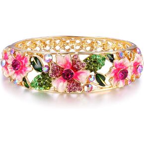 EleQueen Women's Gold-Tone Austrian Crystal Enamel Flower Leaf Bangle Bracelets