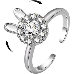Izpack Dainty Rabbit Spinner Ring Cubic Zirconia Crystal Bunny Animal Stacking Adjustable Open Bands Fidget Anxiety Relieve Rings Cute Jewelry Gifts for Women Girls BBF