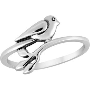 AeraVida Sweet Bird On a Leafy Branch .925 Sterling Silver Band Ring | Cute Wedding Rings For Women | Trendy Comfort Fit Silver Rings for Women | Gift for Daughter | Sterling Silver Rings Sizes 7-9