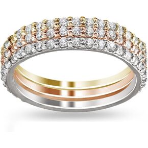 Hoops & Loops Sterling Silver Tri-Color Stackable Cubic Zirconia Eternity Band Ring Set