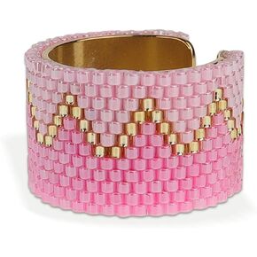 Agriajun Handmade Seed Beads Adjustable Wrap Gold Band Ring for Women Men, Boho Open Colorful Beaded Love Heart Statement Rings Fashion Jewelry Gift