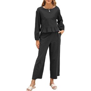 FANCYINN Women’s 2 Piece Outfits Crew Neck Long Lantern Sleeve Crop Top Wide Leg Pants Casual Tracksuits with Pockets