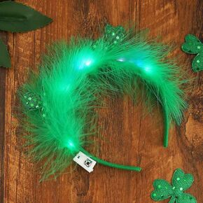 BARTOSI St Patricks Day LED Headband Green Feather Hair Hoop Irish Holiday Party Hairband Hoops Headwear Glowing Headdress Headpiece Cosplay Costume Hair Accessory for Women and Girls (1Pcs)