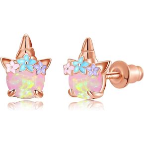 Womens 925 Sterling Silver Post Pink Fire Opal Stud Earrings Rose Gold Plated Flower Animal Earrings Hypoallergenic Stud Earrings for Teen Girls Sensitive Ears