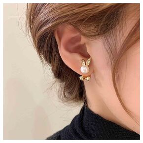 Allereyae Vintage Pearl Rabbit Earrings Rabbit Ear Jacket Earrings Pearl Rabbit Stud Earrings Gold Minimal Animal Earrings Jewelry for Women and Girls (Gold)