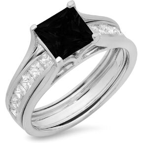 3.5 ct Princess Cut Pave Solitaire with Accent Genuine Flawless Natural Black Onyx Designer Statement Classic Engagement Bridal Sliding Ring Band wedding Set Solid 18K White Gold