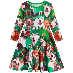 WonderBabe Girls St Patrick's Day Dress Outfit Long Sleeve Plaid Shamrock Casual Swing Midi Dresses Clothes