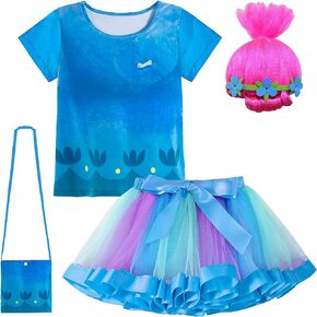 2025 New Poppy Costume for Girls,Princess Rainbow Tutu Dress Halloween Dress Up Outfit with Wig Bag Age 3-8
