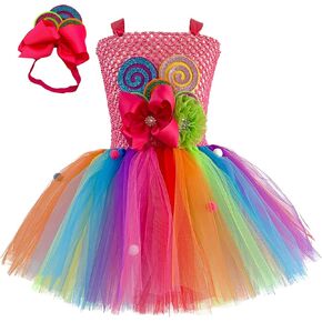 Rainbow Candy Tutu Dress for Girls 1-10Y with Headband Birthday Easter Carnival Party
