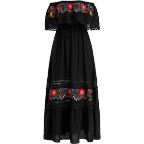 IDOPIP Mexican Dresses for Women Floral Embroidered Maxi Dresses Summer Ruffle Off Shoulder Traditional Fiesta Party Vestidos