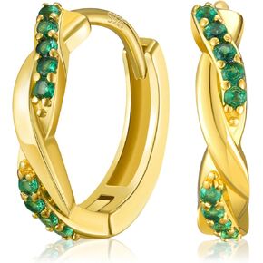 SWEETV 14K Gold Plated Twisted Hoop Earrings for Women Girls 925 Sterling Silver Post Cubic Zirconia Huggie -Small Gold Hoop-CZ Stud Cuff Earring