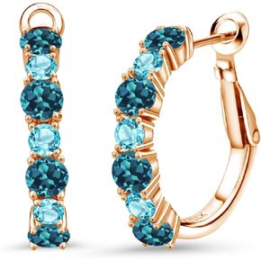 Gem Stone King 18K Rose Gold Plated Silver London Blue Topaz and Swiss Blue Topaz Hoop Earrings For Women (3.54 Cttw, Gemstone November Birthstone, Round 4MM and 3MM)