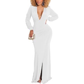 Glozeplus Evening Gowns for Women Formal Plus Size Long Sleeve Sexy Elegant V Neck Cocktail Party Long Floor Length Dresses