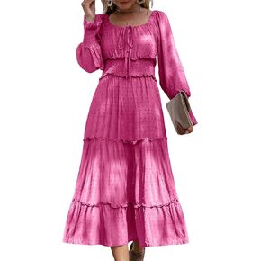 فستان نسائي طويل بياقة مربعة وأكمام طويلة منقط سويسري، فستان كوكتيل مكشكش متدرج بوهو على شكل حرف A in Kuwait