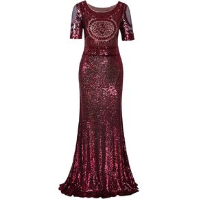 Vijiv 1920s Long Wedding Prom Dresses 2/3 Sleeves Sequin Beaded Party Formal Evening Gowns