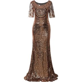 Vijiv 1920s Long Wedding Prom Dresses 2/3 Sleeves Sequin Beaded Party Formal Evening Gowns