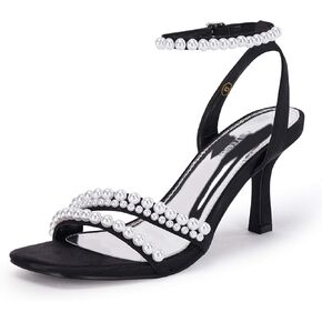 Coutgo Womens Pearl Kitten Heels Sandals Square Open Toe Dress Sandals Ankle Strap Satin Wedding Party Summer Sandals