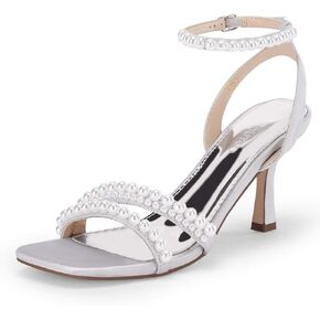 Coutgo Womens Pearl Kitten Heels Sandals Square Open Toe Dress Sandals Ankle Strap Satin Wedding Party Summer Sandals