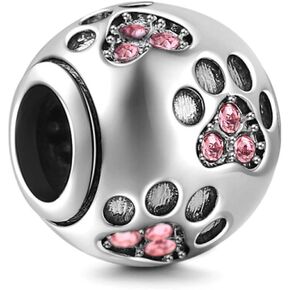 Dog Paw Print Charm 925 Sterling Silver Footprint Charm Animal Charm Pet Charm for DIY Charms Bracelet (Pink)