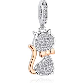 Bolenvi 925 Sterling Silver "CRYSTALLIZED KITTY CAT" Rose Gold Dangling Charms Beads Pendants For Charm Bracelets & Necklace - Best Gift For Her