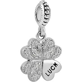 KunBead Four Leaf Clover Good Luck Heart Crystal Dangle Pendant Charms Compatible with Pandora Bracelet for Women