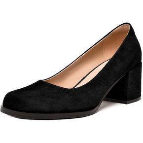 FEMSTEP Womens Suede Leather Dating Square Toe Slip On Cute Chunky Low Heel Pumps Shoes 2.2 Inch