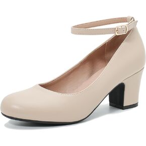 Women's Ankle Strap Low Block Chunky Heels Pumps Closed Round Toe Comfortable Dress Office Work Church Wedding Shoes