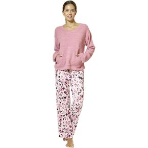 HUE Women's Fluffy Chenille Long Sleeve Top and Pant 2 Piece Pajama Set