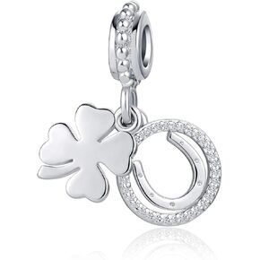Horseshoe Charm for Bracelet Four-Leaf Dangle Silver Pendant Clear CZ for Women Girls Friends Mom Auntie Sister Daughter Friends Good Luck Wishes Lucky Fortune