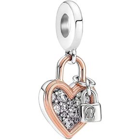 Meteor Crush Heart Padlock 2-In-1 Charm Cubic Zirconia Pink Love 925 Sterling Silver Ladybug Bead ，Birthday Jewelry Gifts Women for Bracelet (Heart Padlock 2-in-1 Charm)