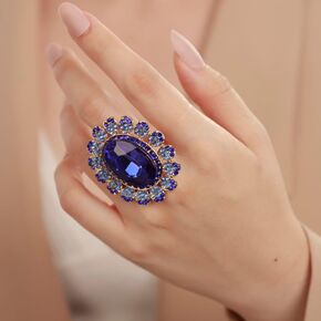 Boho Big Oval Crystal Ring for Women Gold Flower Statement Ring