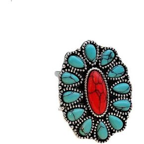 COLORFUL BLING Western Jewelry Natural Turquoise Diamond Flower Rings for Women Girls Boho Turquoise Silver Rings Jewelry Adjustable Vintage Gemstone Stone Joint Knuckle Rings Finger Index Ring