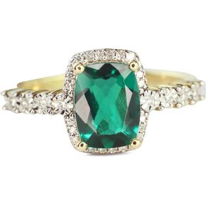 10K Yellow Gold 1/5 Diamond Cttw and Cushion Cut Created Columbian Green Emerald Modern Birthstone Ring (H Color, I2 Clarity) - Size 7