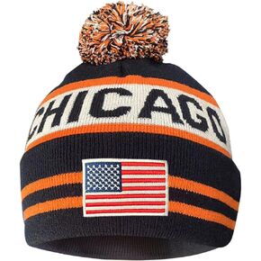 US Flag Chicago City Football Embroidery Classic Pom Cuff Chicago Beanie Hat Cuffed Winter Hat Knit Toque Skull Cap Navy Blue in Kuwait