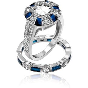 Uloveido Women's Platinum Plated Baguette Cut Blue Cubic Zirconia 2 Pcs Engagement Wedding Band Rings Set Gift (Size 6 7 8 9 10) RJ497