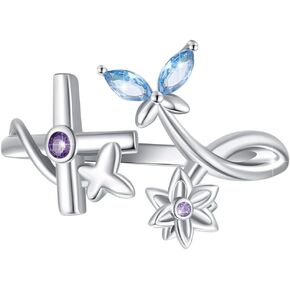 Butterfly Rings for Women 925 Sterling Silver Adjustable Open Butterfly Ring Cross Flower Ring Butterfly Jewelry Gifts for Teen Girls Butterfly Lover Birthday Graduation