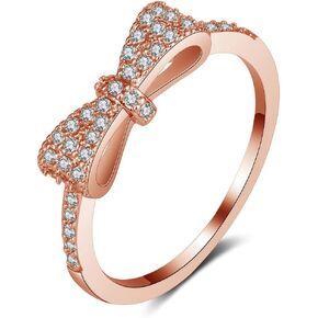 Hsitgexf Classic Lovely Bow Cubic Zirconia Ring Rose Gold, Pave Bridal Wedding Ring Jewelry Gift,Half Eternity Romantic Band Ring for Women Girls