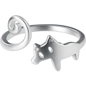 Minimalist Tiny Cat 925 Sterling Silver Open Band Ring for Women Girls Statement Expandable Adjustable Matte Cute Animal Finger Rings Comfort Fit Christmas Wedding Promise Delicate Jewelry Gift