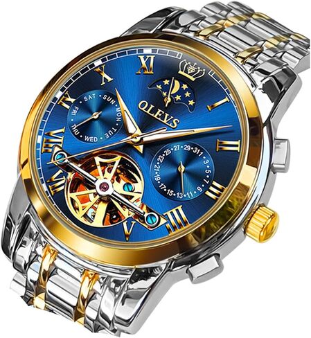 OLEVS Men Watch Automatic Mechanical Skeleton Moon Phase Dress Business Stainless Steel 3AT Waterproof Luminous Men Wrist Watch in Saudi Arabia