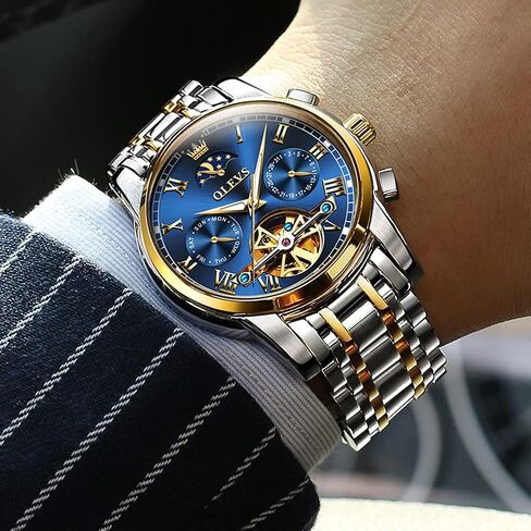 OLEVS Men Watch Automatic Mechanical Skeleton Moon Phase Dress Business Stainless Steel 3AT Waterproof Luminous Men Wrist Watch in Saudi Arabia