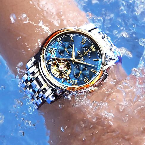 OLEVS Men Watch Automatic Mechanical Skeleton Moon Phase Dress Business Stainless Steel 3AT Waterproof Luminous Men Wrist Watch in Saudi Arabia
