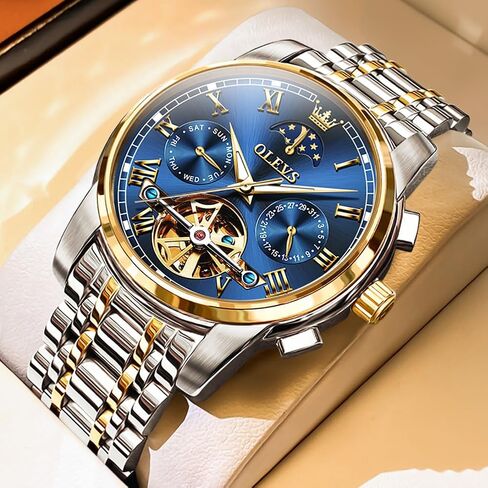 OLEVS Men Watch Automatic Mechanical Skeleton Moon Phase Dress Business Stainless Steel 3AT Waterproof Luminous Men Wrist Watch in Saudi Arabia