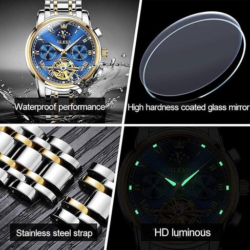 OLEVS Men Watch Automatic Mechanical Skeleton Moon Phase Dress Business Stainless Steel 3AT Waterproof Luminous Men Wrist Watch in Saudi Arabia