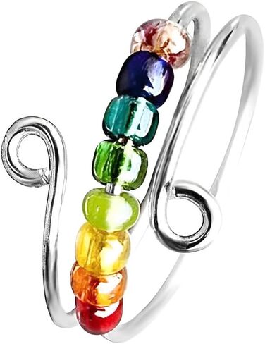 خاتم شاكرا للنساء والبنات، هدايا عيد الميلاد والكريسماس للابنة والصديقة، خواتم تخفيف التوتر، خواتم خرز دوارة، صغير، زنك، بدون احجار كريمة in Kuwait