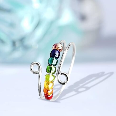 خاتم شاكرا للنساء والبنات، هدايا عيد الميلاد والكريسماس للابنة والصديقة، خواتم تخفيف التوتر، خواتم خرز دوارة، صغير، زنك، بدون احجار كريمة in Kuwait