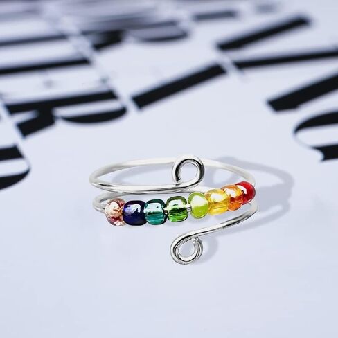 خاتم شاكرا للنساء والبنات، هدايا عيد الميلاد والكريسماس للابنة والصديقة، خواتم تخفيف التوتر، خواتم خرز دوارة، صغير، زنك، بدون احجار كريمة in Kuwait