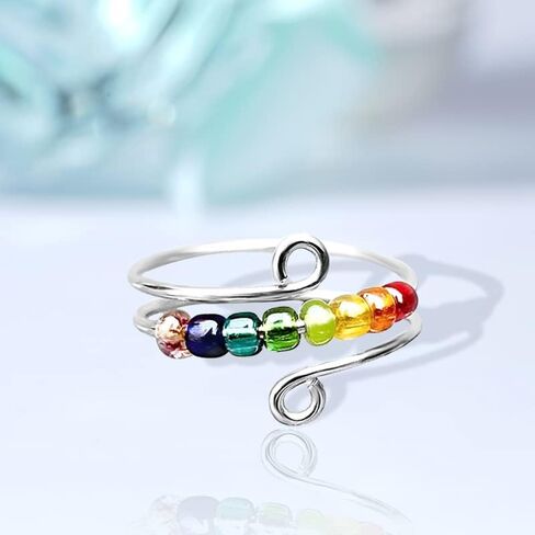 خاتم شاكرا للنساء والبنات، هدايا عيد الميلاد والكريسماس للابنة والصديقة، خواتم تخفيف التوتر، خواتم خرز دوارة، صغير، زنك، بدون احجار كريمة in Kuwait